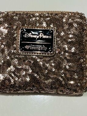 Disney Parks Loungefly Gold Sequin Zip Around Wallet Sparkle Clutch Minnie Mouse